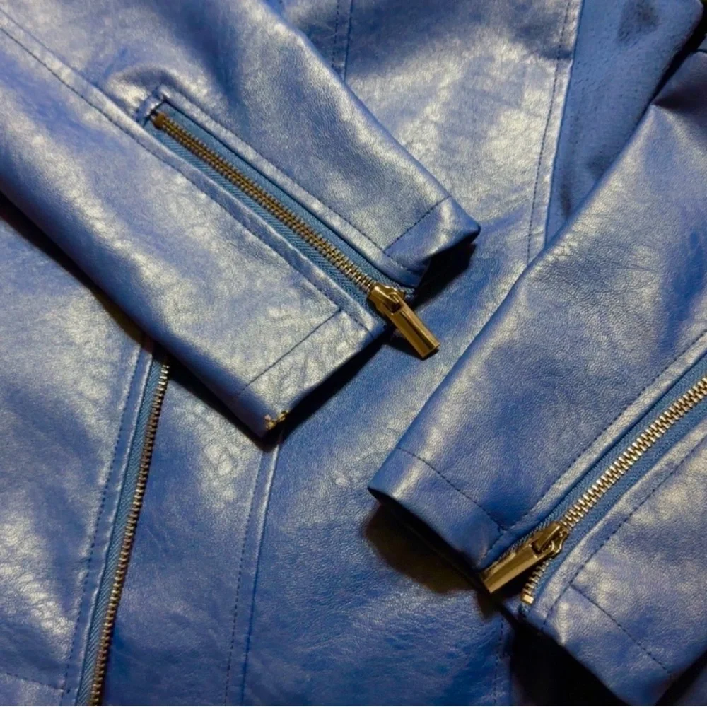Colleen Lopez navy blue embroidered floral faux leather moto jacket Size XL - Picture 8 of 11